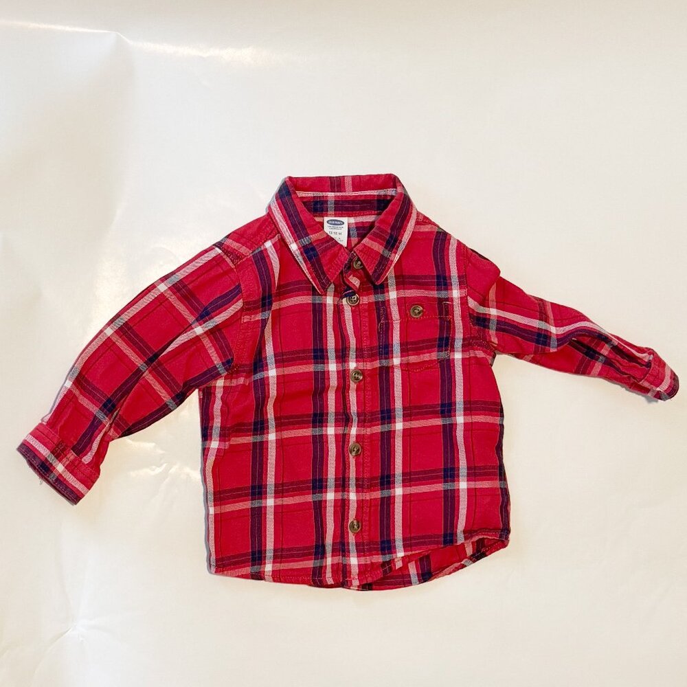 Old Navy boys button-up collared shirt in plaid, size 12-18 months, holiday